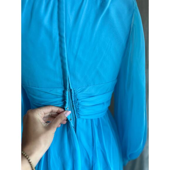 Vintage Women’s Small Dress Blue Sheer Chiffon Long Sleeve V-Neck Ruched 70s - Picture 4 of 4